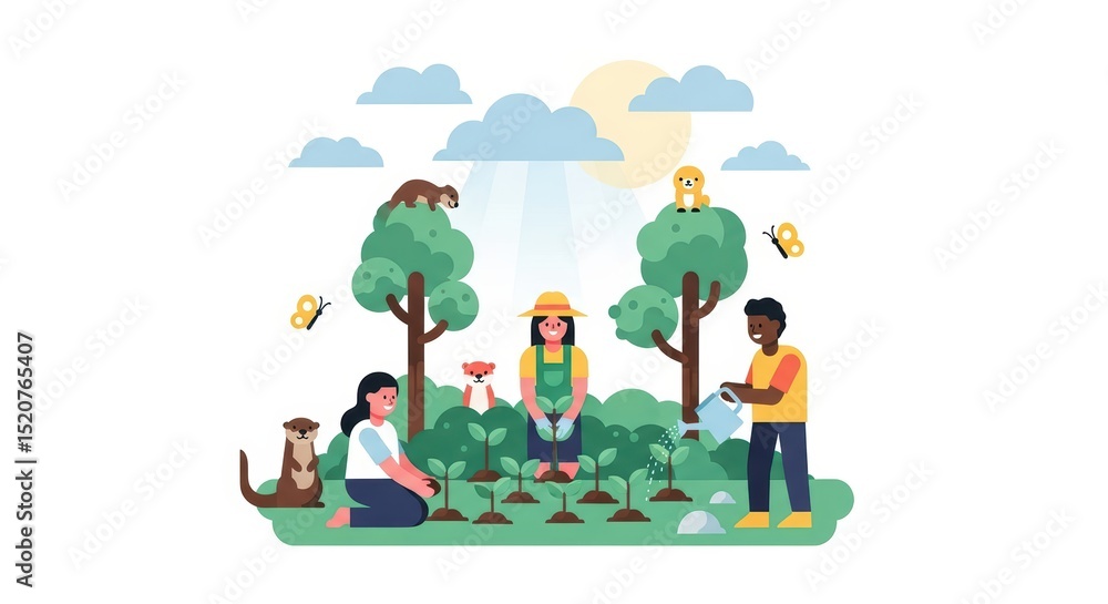 Fototapeta premium Family Gardening in Backyard with Dogs and Butterflies in Sunny Day