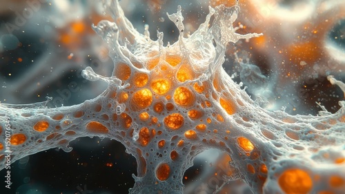 Close-up of vibrant cellular structure with glowing orange elements, showcasing intricate details and textures for scientific and artistic applications.