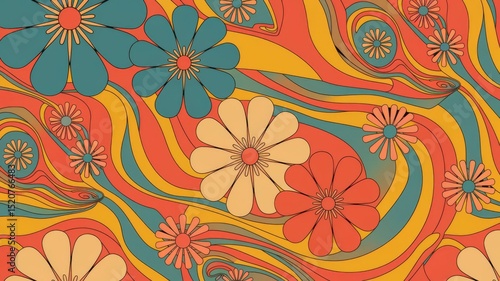Groovy 70s Vintage Retro Flower Power Background.