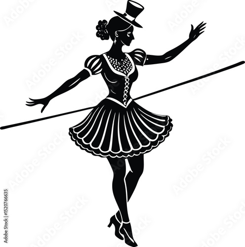 Tightrope Walker Silhouette Vector for Circus Performer Art, Balance Act Designs, and Vintage Acrobat Illustrations
