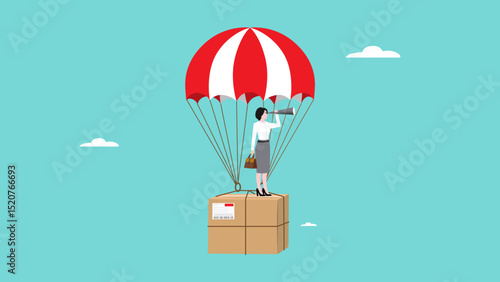 dropshipping business opportunity, businesswoman using binoculars while riding a flying parachute with package concept vector illustration
