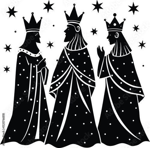 Three Kings Silhouette Vector with Stars for Nativity Art, Epiphany Illustrations, and Traditional Christmas Symbolism