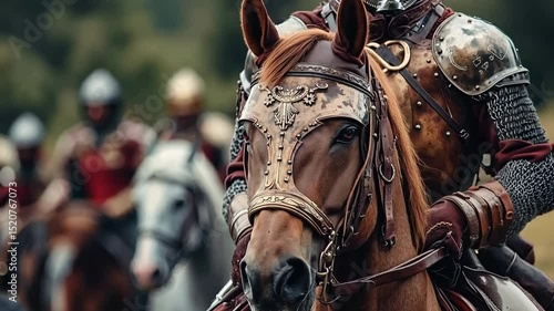 A group of men in armor riding on the back of a brown horse