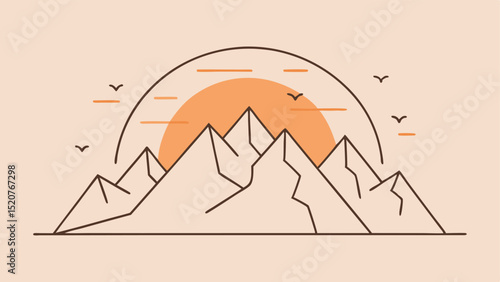 Minimalist mountain landscape with sunset or sunrise line art illustration