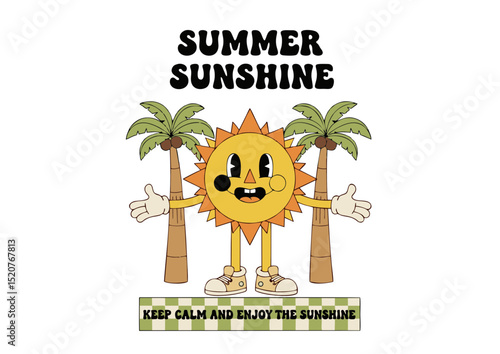 Summer Sunshine Retro Sun Character Illustration with Palm Trees,  Perfect for Summer Designs, Apparel, and Prints