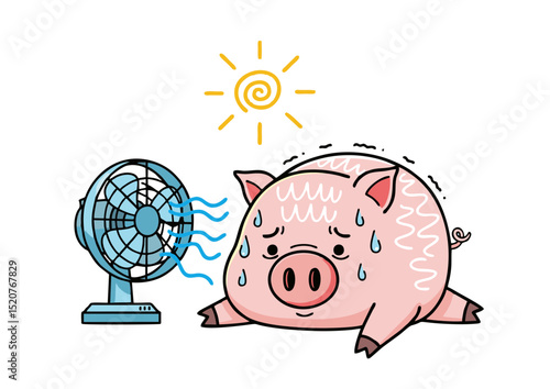 Sweaty Piglet Cooling Off with a Fan on a Hot Sunny Day Summer Heatwave Cartoon Illustration