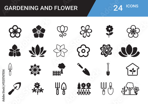 Gardening and Flower Icons: A collection of minimalist black and white icons showcasing various garden elements. The set includes diverse flowers, gardening tools, and related symbols.