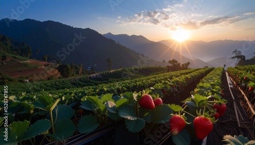 sunset in the straberry farm on mountains