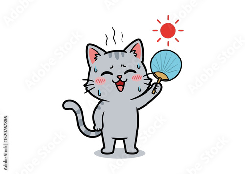 Adorable Gray Cat Cartoon Illustration Sweating, Fan, Summer Heat