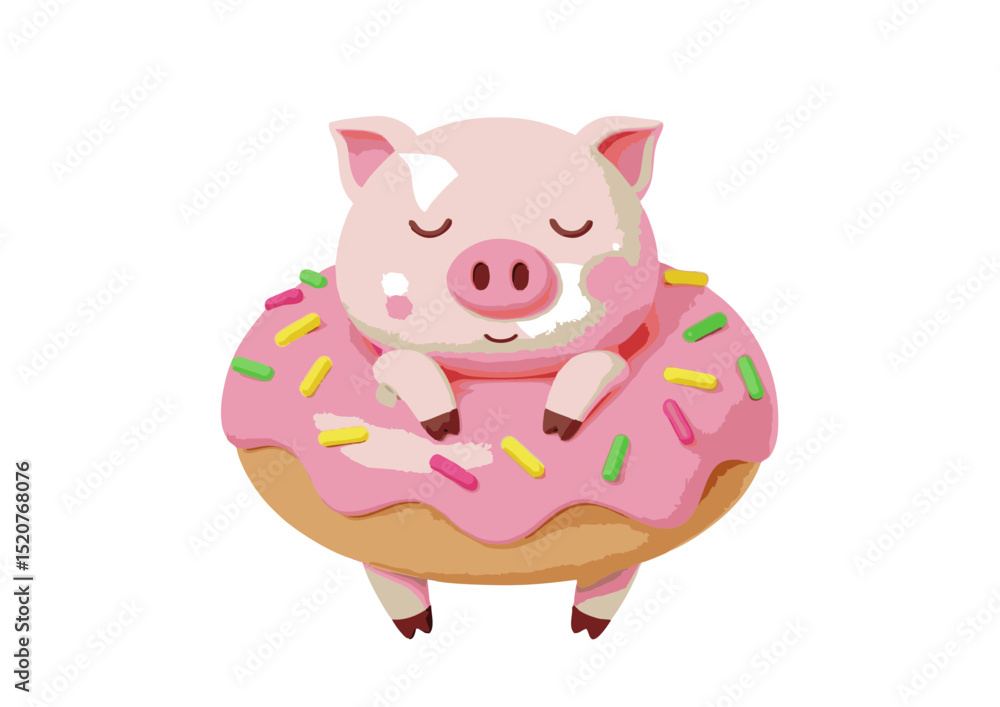Adorable Pink Piglet Snoozing on a Delicious Sprinkle Donut Cute Cartoon Illustration Adorable Pink Piglet Snoozing on a Delicious Sprinkle Donut Cute Cartoon Illustration