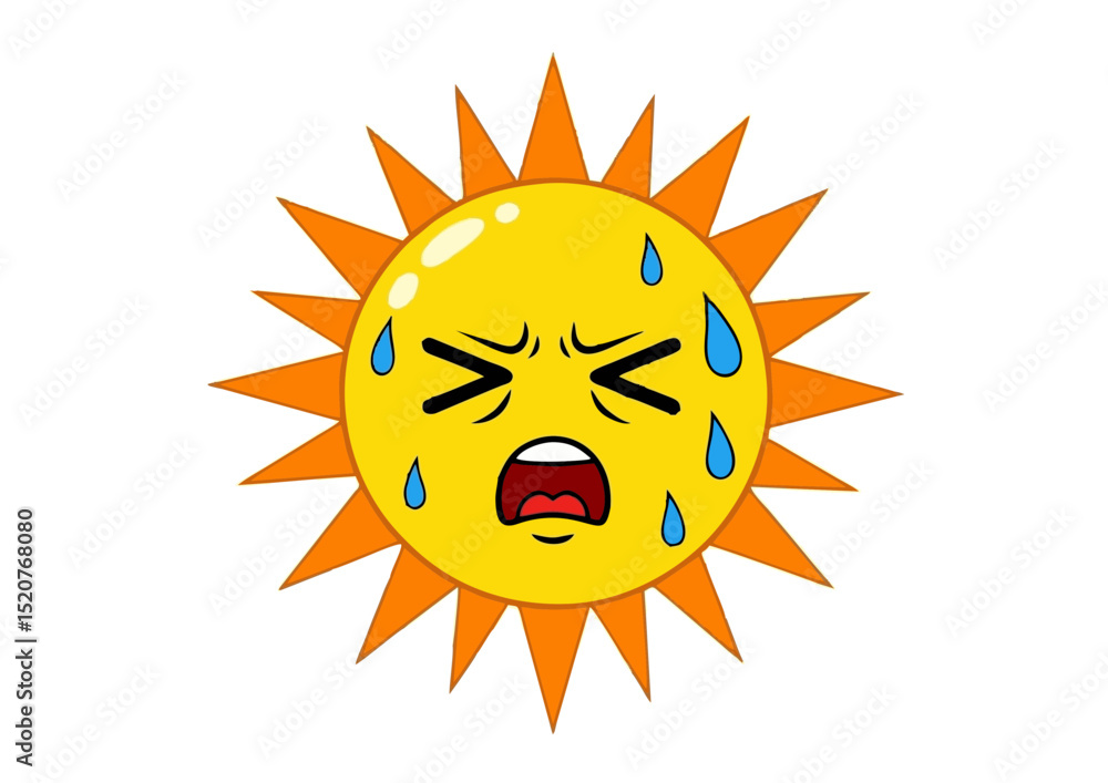 Fototapeta premium Overheated Sun Cartoon Illustration A Sweaty, Stressed-Out Sun Character Design