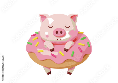 Adorable Pink Piglet Snoozing on a Delicious Sprinkle Donut Cute Cartoon Illustration