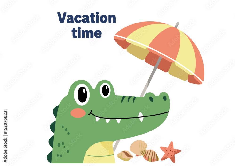 Obraz premium Adorable Crocodile Enjoying Summer Vacation Beach Umbrella, Shells, and Starfish Fun
