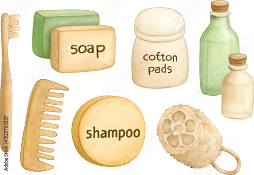 A delicate watercolor illustration set of eco-friendly bathroom essentials. Perfect for sustainable lifestyle designs, zero-waste branding, or eco-product packaging visuals