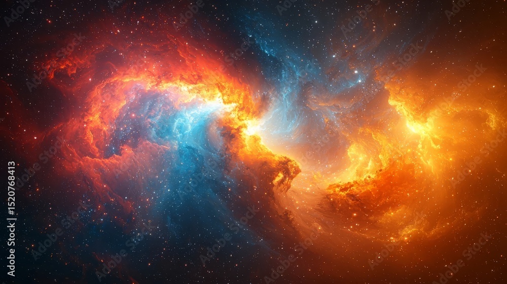 Obraz premium Vibrant cosmic nebula with swirling orange and blue hues, capturing the beauty of the universe, perfect for space-themed projects and designs.