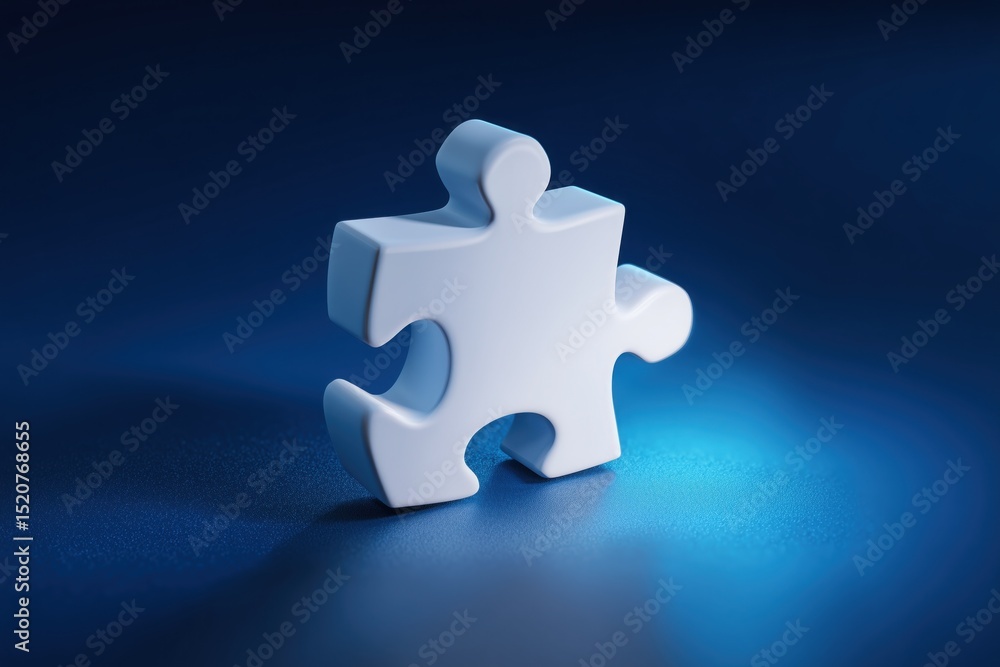 Fototapeta premium 3D render of a single white puzzle piece on a navy blue background 