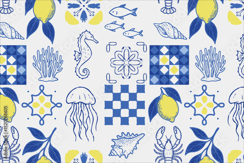 Colorful Mediterranean style pattern with lemons, sea creatures, corals, shells, and tile motifs in blue, yellow, and white. Perfect for summer or coastal themed designs. Vector illustration