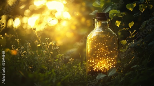 Glass bottle filled with golden liquid in green grass against a blurred background.