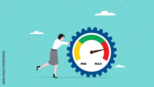 ambition to achieve business success with high performance work system, full efficiency or maximum productivity, Ambitious businesswoman are pushing full speed to rotate measure cogwheel illustration