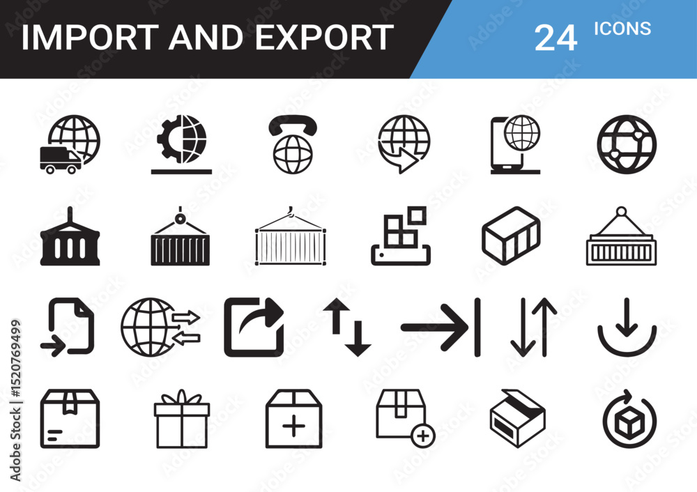 Global Trade Icons: A set of icons representing import and export concepts, including shipping, communication, and international transactions, ideal for business and logistical illustrations. Global Trade Icons: A set of icons representing import and export concepts, including shipping, communication, and international transactions, ideal for business and logistical illustrations.
