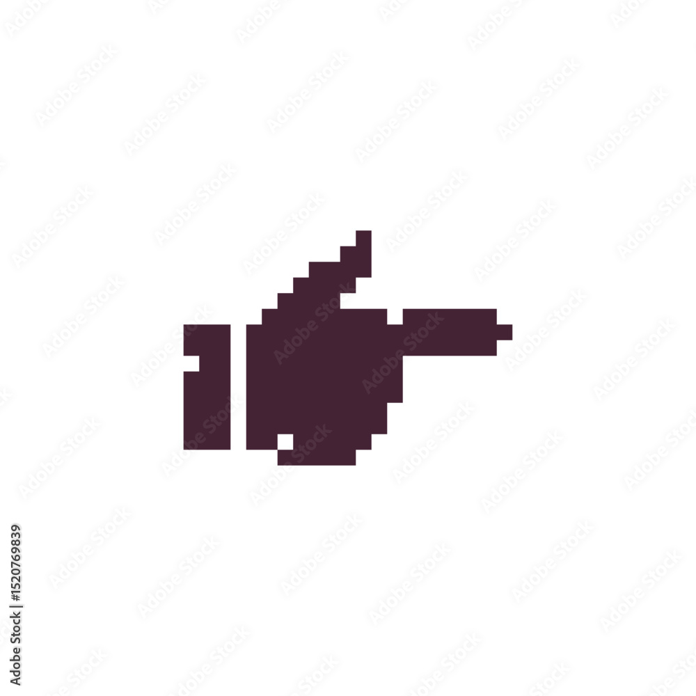 Fototapeta premium Direction hand icon. Backhand index pointing right. Video game sprite. Pixel art style. Isolated vector illustration.