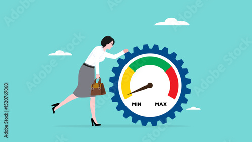poor work performance concept illustration, laziness at work which prevents a business from developing or growing, sad businesswoman leaning on cogwheel gear with low productivity level meter