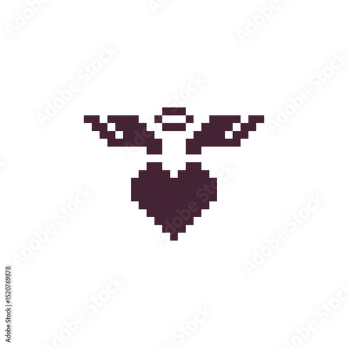 Heart symbol with wings and halo pixel simple icon, nimbus, isolated on white background, hand drawn vector illustration.