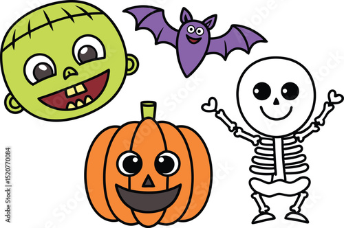 Cute halloween cartoon characters pumpkin skeleton bat zombie