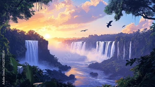 Waterfall landscape with trees and birds under a colorful sky.