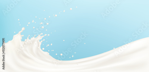 Milk wave splash on blue background - creamy liquid swirl with drops and bubbles. Abstract dairy product banner for fresh drink ad or package design. Smooth flowing shape, healthy natural beverage.