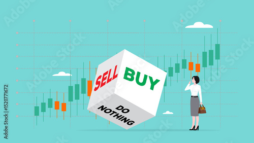 make decisions to buy or sell stock investments, Global strategy trading and investing money, Business chance bet and finance chart, businesswoman with betting dice buying or selling stock investments