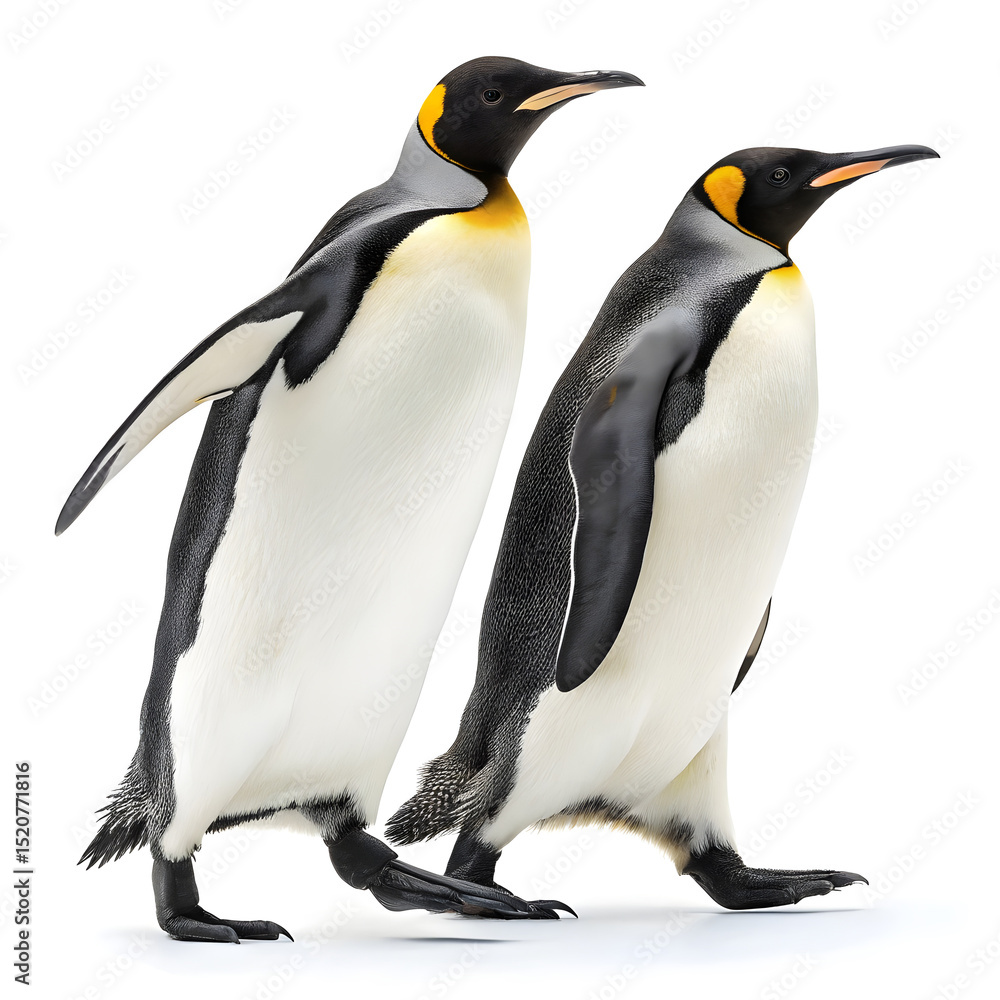 Fototapeta premium Two emperor penguins walking side by side, full body view.