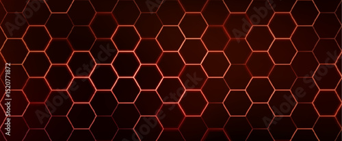 Hexagon game background with glowing red honeycomb grid on black surface. Abstract geometric pattern of connected cells for futuristic interface design. Digital technology bg with luminous edges.