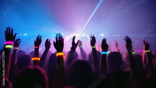 Wallpaper Mural Fans are raising their hands with glow sticks, creating a vibrant atmosphere under colorful laser lights during an electronic music concert Torontodigital.ca