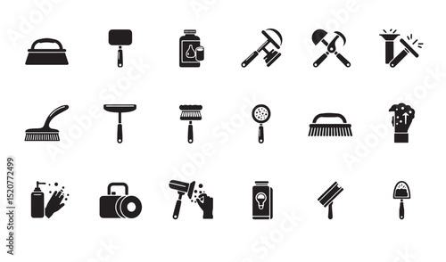 Collection of cleaning supplies and tools icons in minimalist black and white style
