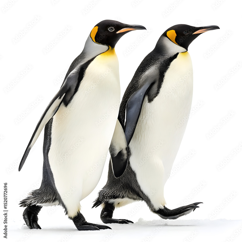 Fototapeta premium Two emperor penguins walking side by side, full body view.
