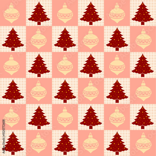 Playful Christmas pattern in peach and red tones featuring alternating red Christmas trees and peach ornaments on a soft grid. Ideal for holiday cards, packaging, and children’s projects.