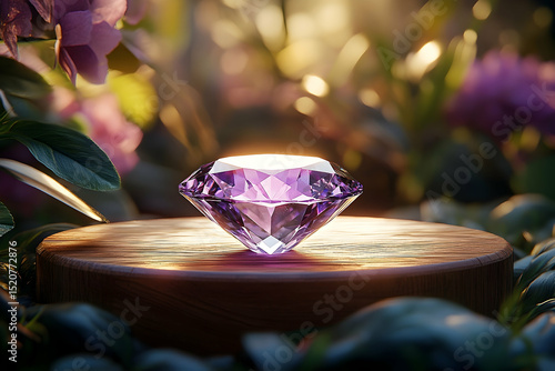 A beautiful, purple gemstone rests on a wooden platform amidst lush foliage.