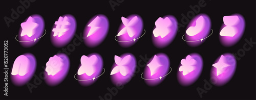 Glowing pink gradient shapes with y2k aura effect on black background. Star and flower, lightning bolt and abstract forms radiating soft neon light. Retro futuristic design elements with sparkle orbit