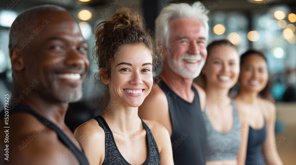 Fototapeta premium Group Fitness and Wellness: Diverse Friends Smiling During Energetic Indoor Workout in Gym