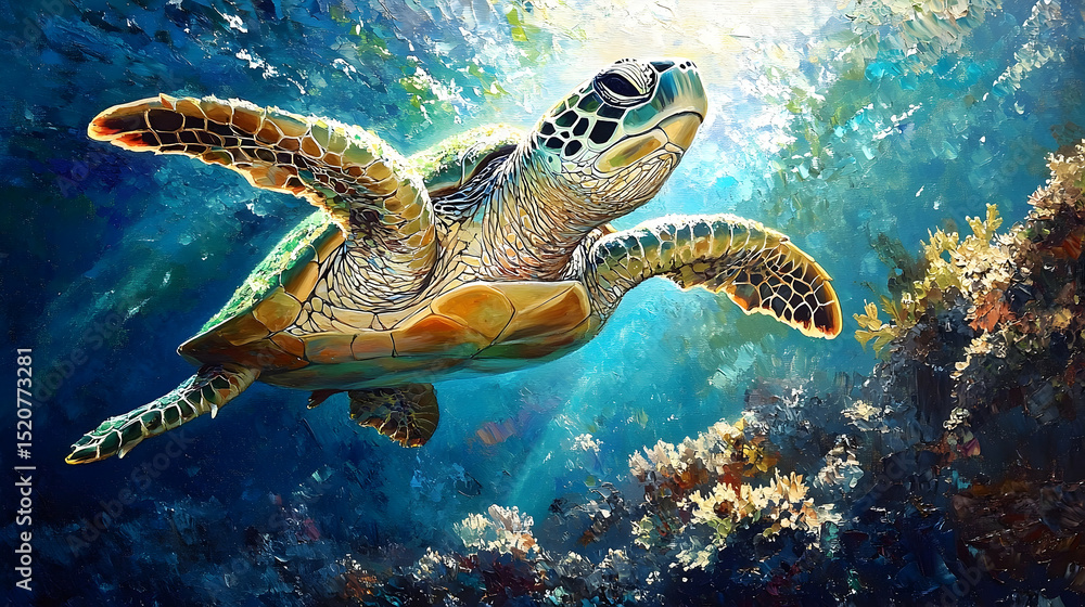 Obraz premium Vibrant sea turtle glides through a vibrant coral reef.