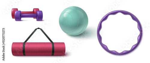 Colorful 3d gym equipment collection - green yoga mat with black strap, turquoise dumbbells pair, pink exercise ball and hula hoop for fitness training, home workout and strength building activities.