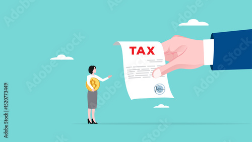 Crypto currency tax burden, businesswoman investor holding bitcoin surprised by government hand issue tax bill concept vector illustration
