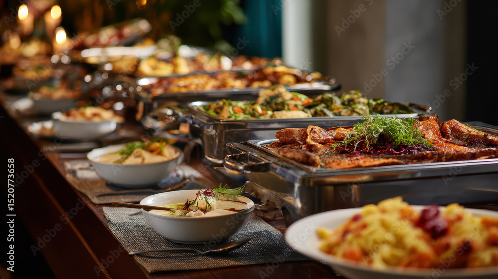 Catering buffet in hotel restaurant offers diverse delicious dishes Catering buffet in hotel restaurant offers diverse delicious dishes