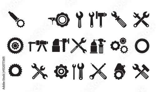 Set of mechanic tools and equipment silhouettes for repairing cars and machinery in black