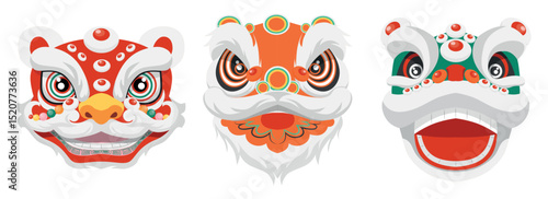 Set of lion heads, symbols of Chinese New Year in cartoon style. Vector illustration: red, orange, green heads with eyes, noses, mouths isolated on white background. Traditional festive lion dance.