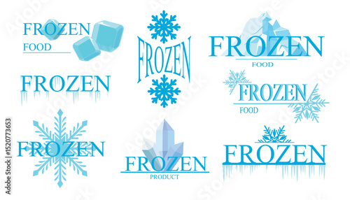 Set of blue frozen food logos in cartoon style. Vector illustration of cold product labels with ice cubes, snowflakes, iceberg mountain, crystals, stalactites, lettering isolated on white background.