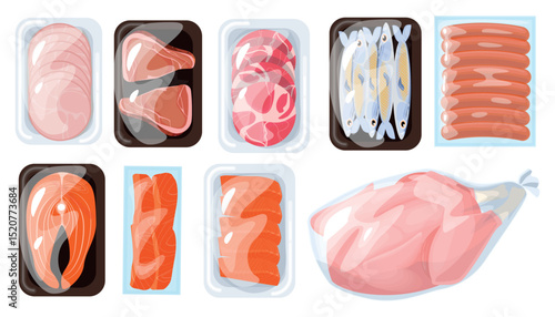 Set of frozen meat and fish products in cartoon style. Vector illustration, packed in transparent plastic film and trays: sausage, meat, hot dogs, chicken, fish, salmon, isolated on white background.