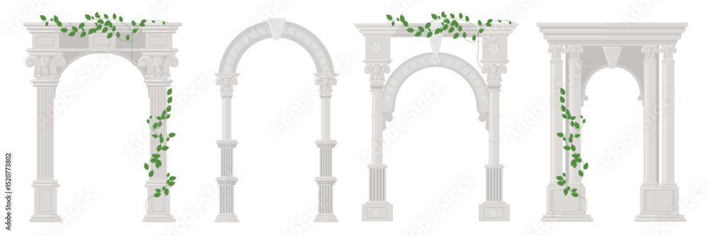 Fototapeta premium Set of beautiful arches with columns in cartoon style. Vector illustration architectural arches with Greek columns, patterns, green twisted ivy isolated on white background. Old antique columns.