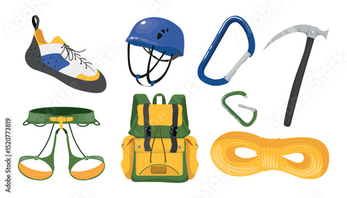 Set of climbing equipment in cartoon style.Vector illustration: briefcase, rigging carabiner, crust, rope, shoes, insurance system,helmet isolated on white background.Climbing on rocks, climbing wall.